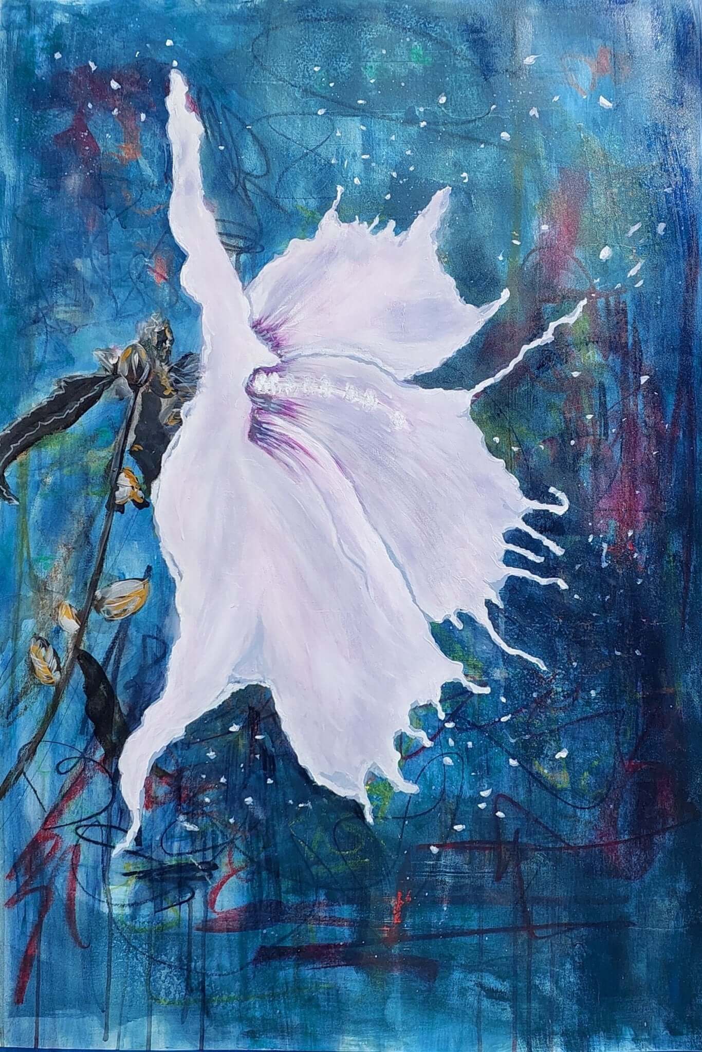 A vibrant painting of a white flower in motion against a textured blue background, evoking elegance and energy.