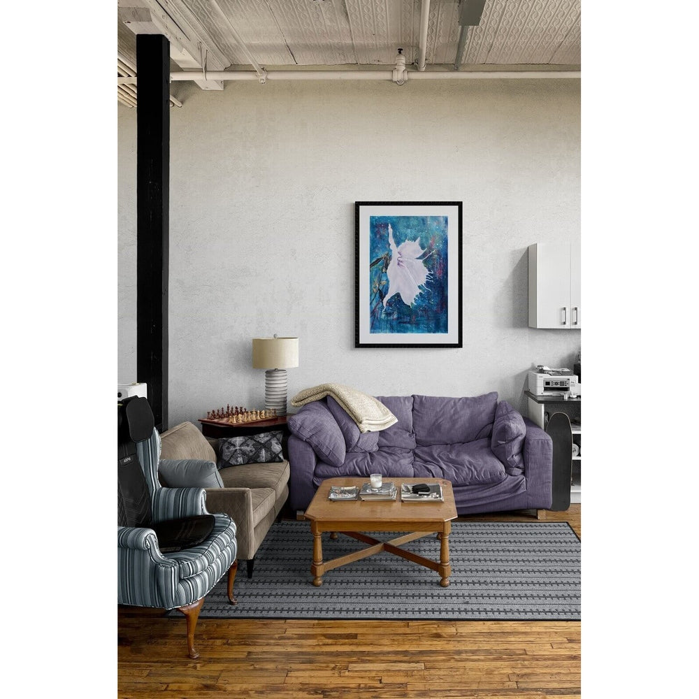 A vibrant painting of a white flower in motion against a textured blue background, evoking elegance and energy.