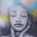 A serene grayscale portrait of a woman with her eyes closed and hands gently resting on her face. Soft, colorful bursts of pink, blue, yellow, and green surround her head, creating an ethereal, dreamlike atmosphere. The textured background enhances the sense of calm and introspection, with the delicate pastel tones contrasting against the darker shades of the portrait. The overall mood is peaceful and contemplative. Trudie Averett Art - Potchefstroom 


