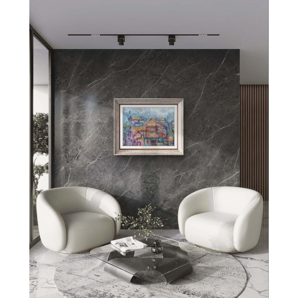 Whimsical mixed media village with textured rooftops, misty background, and vibrant geometric patterns, evoking community and connection.

