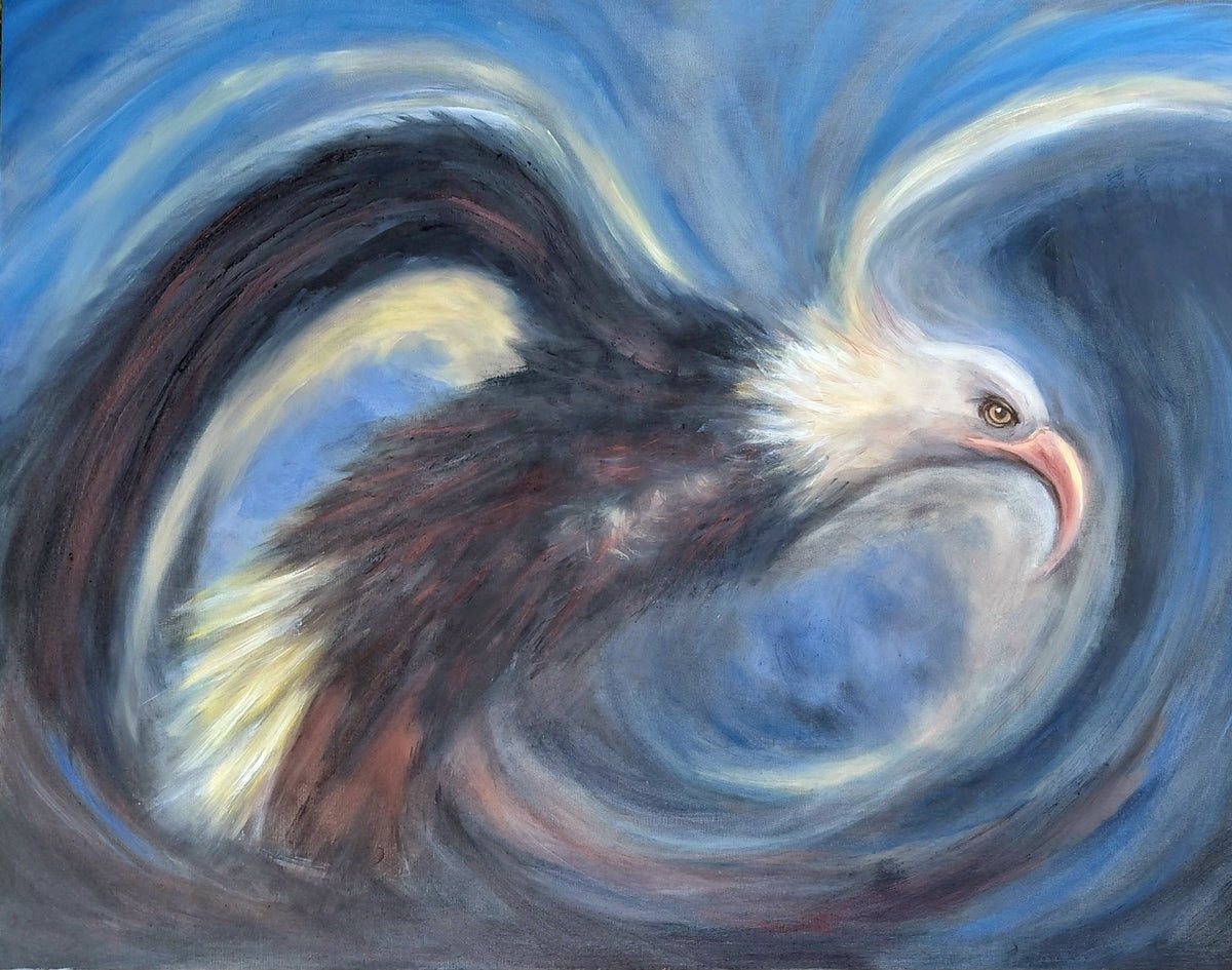 Original oil painting of a bald eagle in flight with swirling blue sky background by Trudie Averett