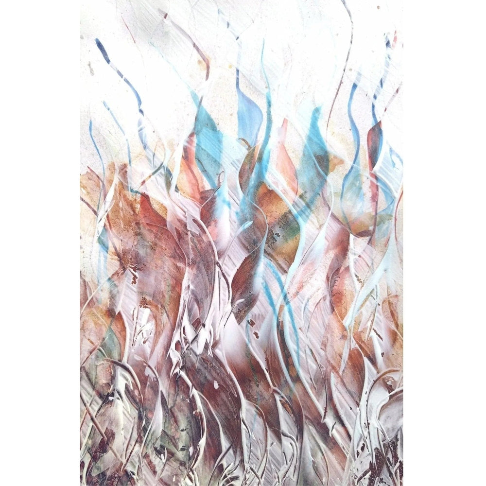 An abstract painting with flowing earthy tones, white accents, and hints of blue, creating a sense of movement and lightness.

