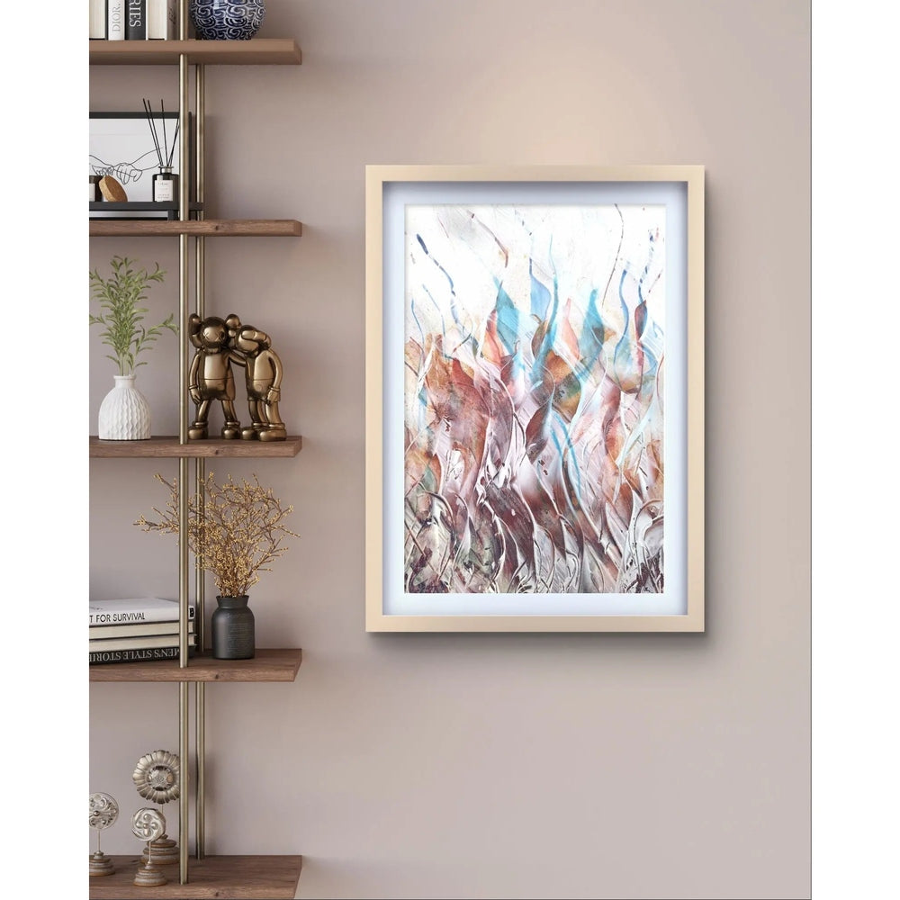 An abstract painting with flowing earthy tones, white accents, and hints of blue, creating a sense of movement and lightness.
