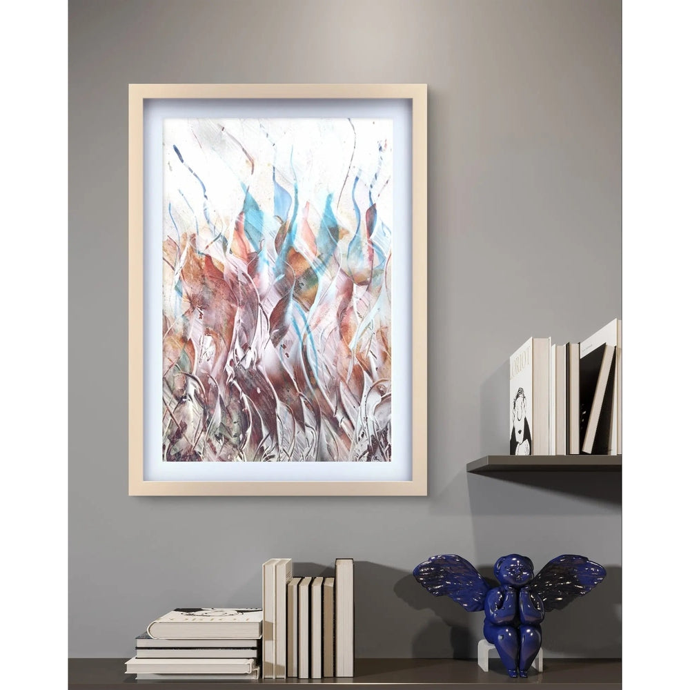 An abstract painting with flowing earthy tones, white accents, and hints of blue, creating a sense of movement and lightness.
