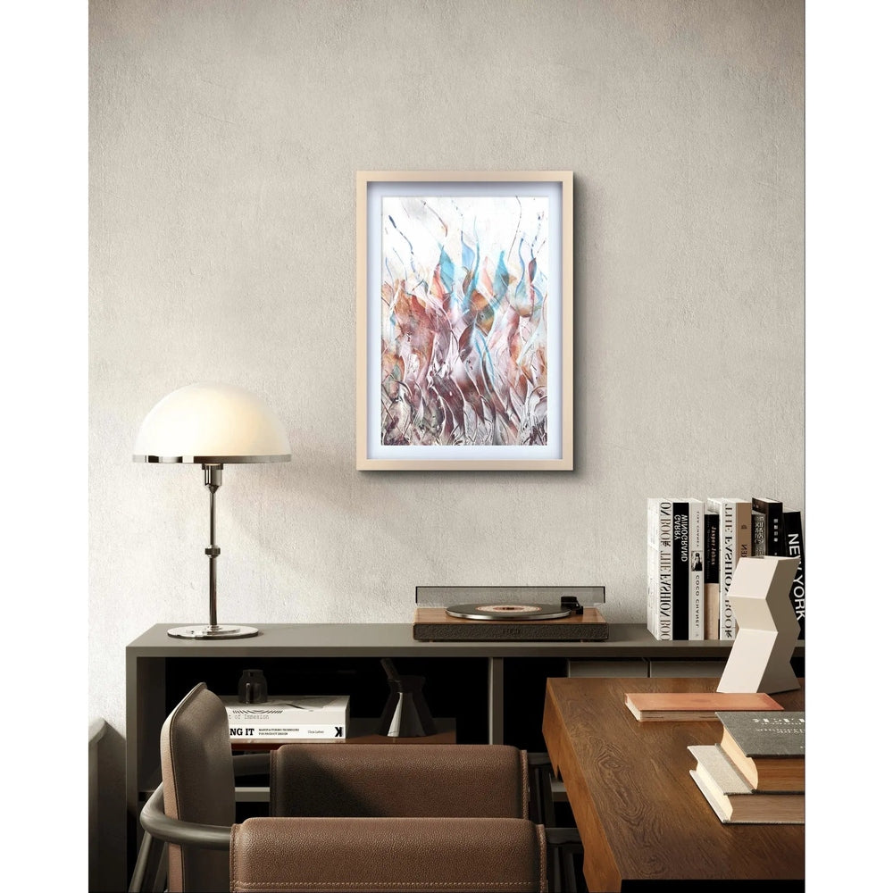 An abstract painting with flowing earthy tones, white accents, and hints of blue, creating a sense of movement and lightness.
