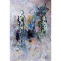 Abstract mixed media artwork featuring two textured, semi-abstract figures in a dreamy lavender and gold palette with hints of blue and text reading "Cuddles" and "Everywhere."

