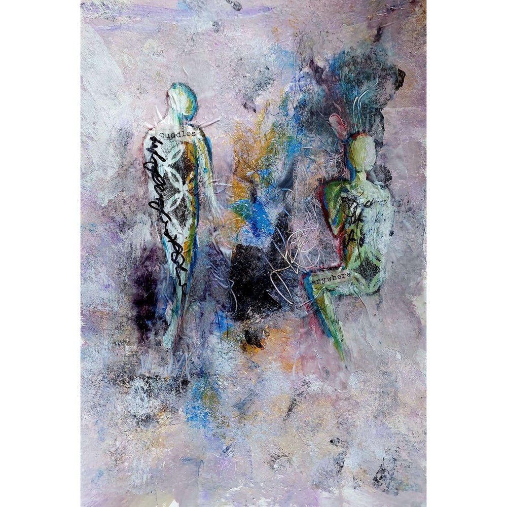 Abstract mixed media artwork featuring two textured, semi-abstract figures in a dreamy lavender and gold palette with hints of blue and text reading "Cuddles" and "Everywhere."

