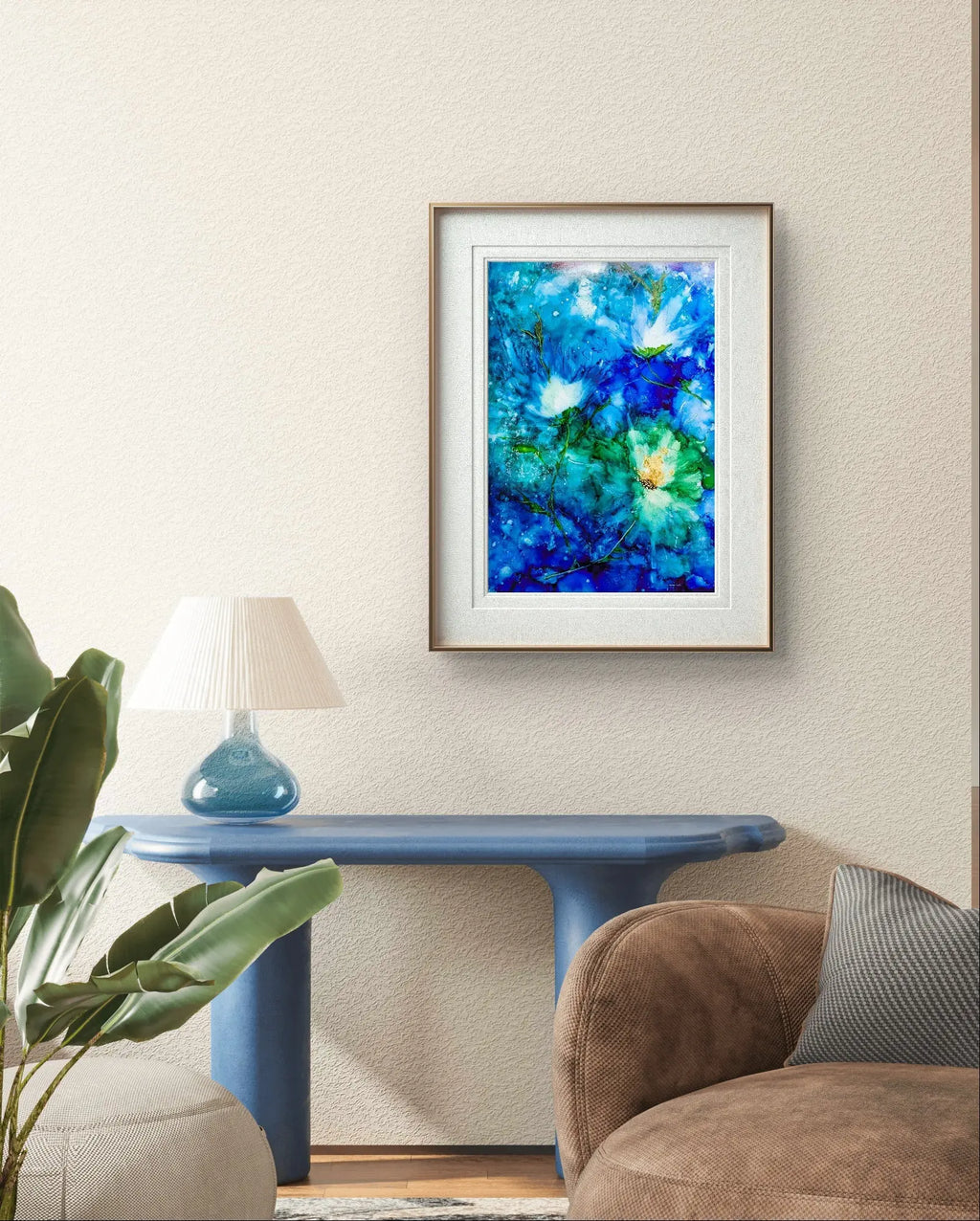 A vibrant painting of abstract blue and green flowers with dynamic textures and flowing, organic forms.