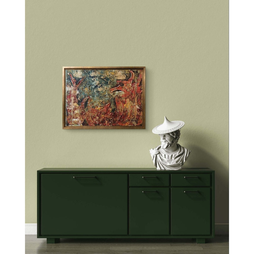 Vivid abstract artwork titled 'Flames of Renewal,' featuring dynamic orange, red, and golden tones resembling flickering flames, symbolizing rebirth and transformation