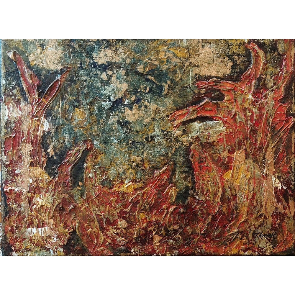 Vivid abstract artwork titled 'Flames of Renewal,' featuring dynamic orange, red, and golden tones resembling flickering flames, symbolizing rebirth and transformation
