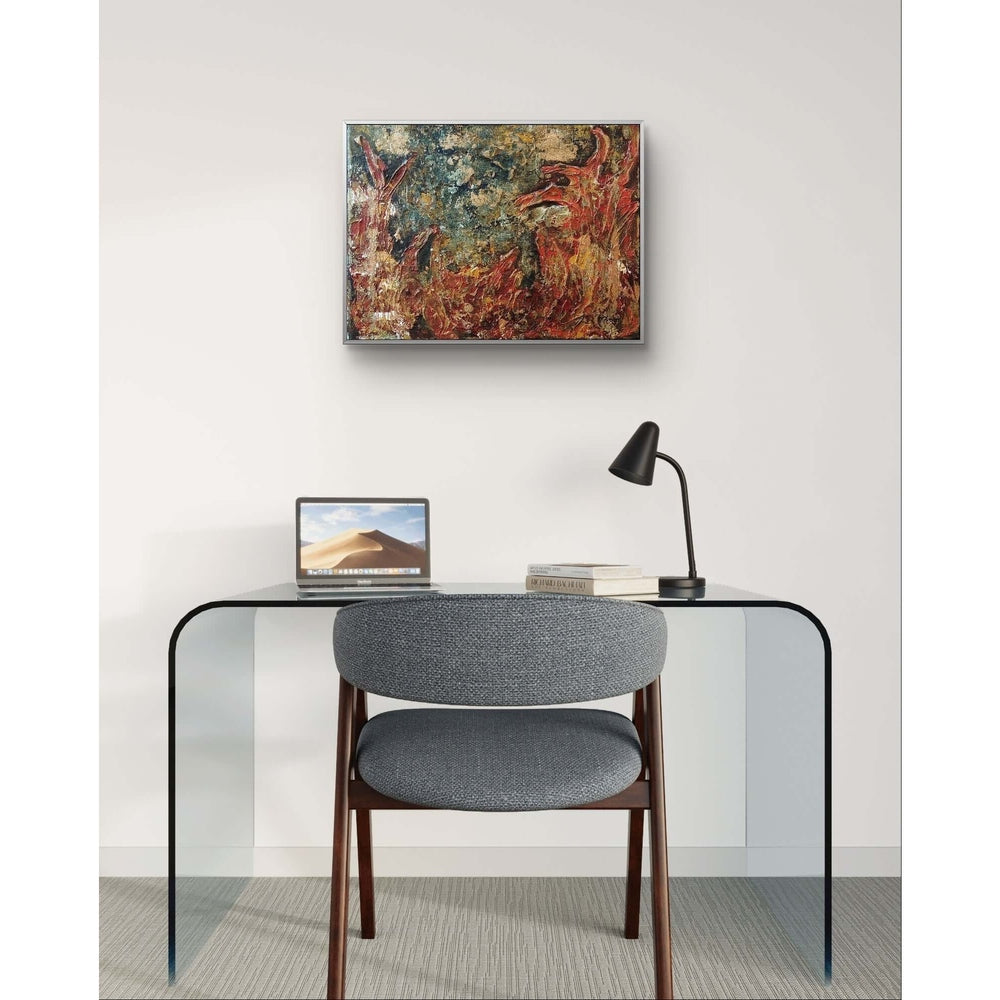 Vivid abstract artwork titled 'Flames of Renewal,' featuring dynamic orange, red, and golden tones resembling flickering flames, symbolizing rebirth and transformation