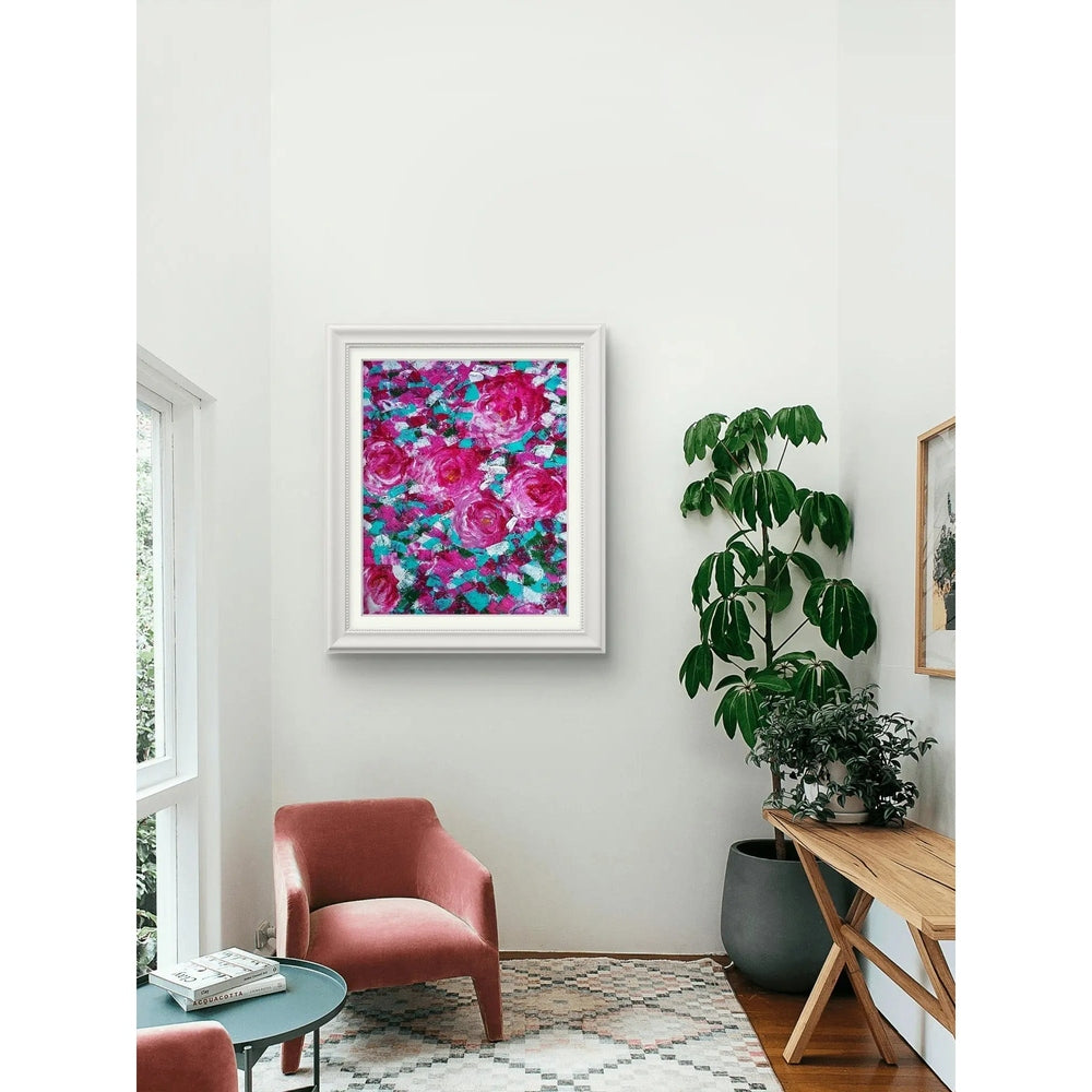 "Abstract painting of vibrant pink roses with green and white accents, created with bold, textured brushstrokes."