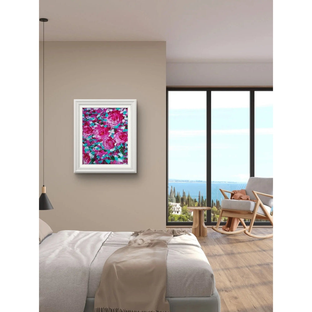 "Abstract painting of vibrant pink roses with green and white accents, created with bold, textured brushstrokes."