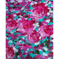 "Abstract painting of vibrant pink roses with green and white accents, created with bold, textured brushstrokes."