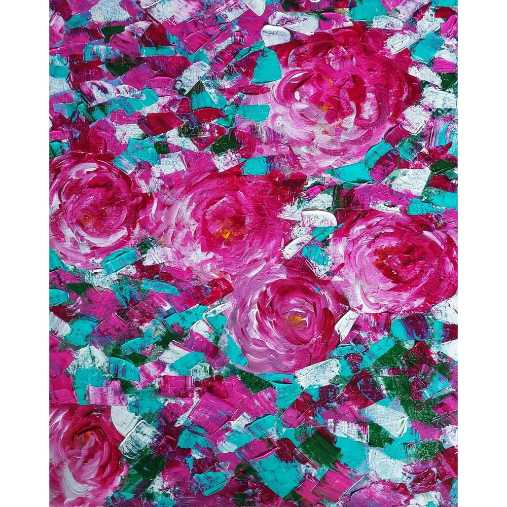 "Abstract painting of vibrant pink roses with green and white accents, created with bold, textured brushstrokes."