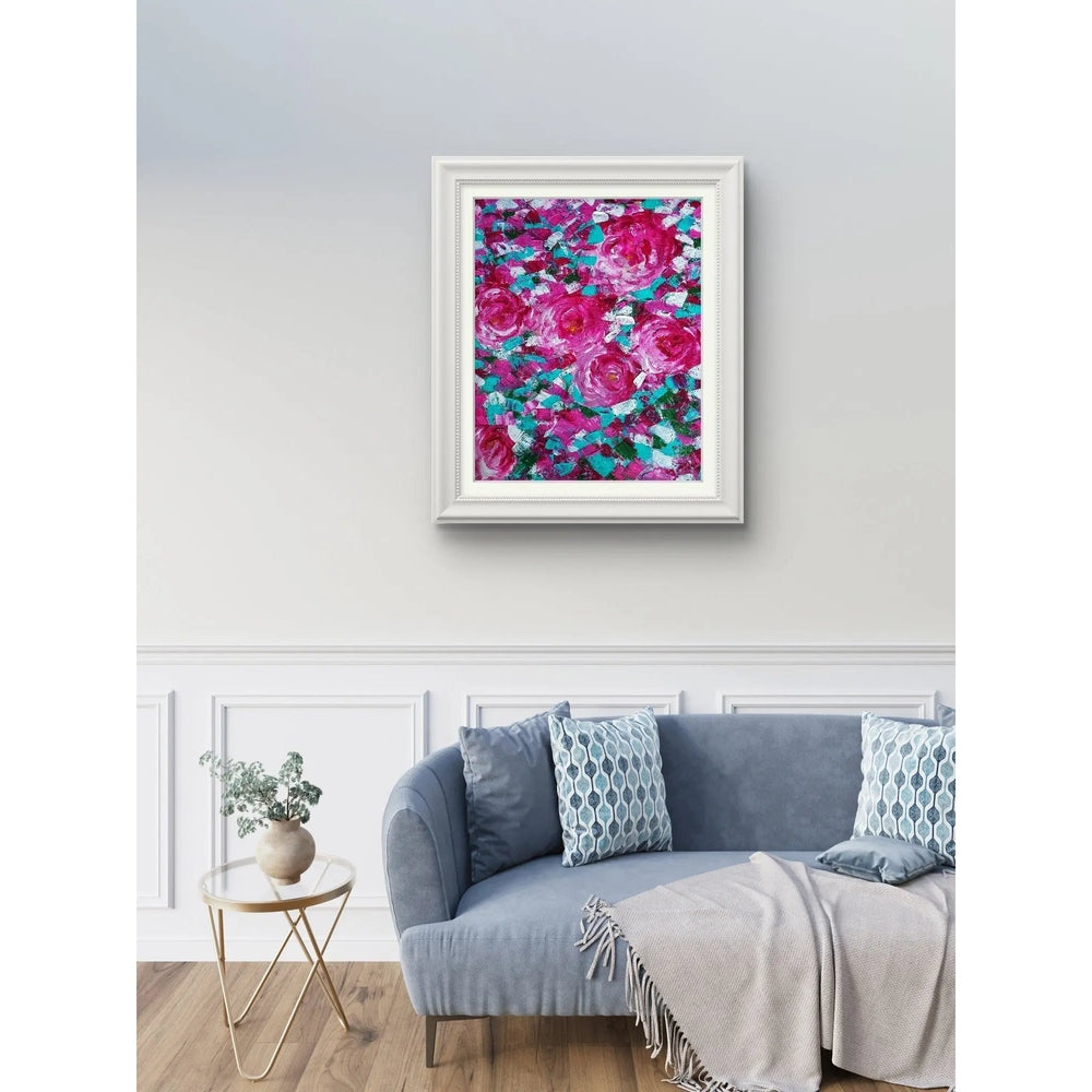 "Abstract painting of vibrant pink roses with green and white accents, created with bold, textured brushstrokes."