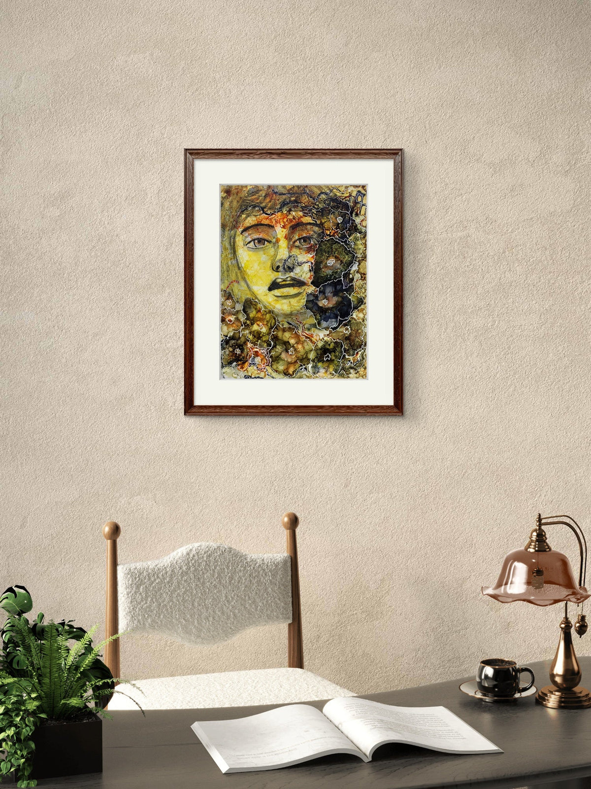 “Mixed-media portrait titled The Interwoven Connection showing a face merging with abstract botanical and textured forms, outlined with white organic lines in earthy brown, green, yellow, and black, framed view.”