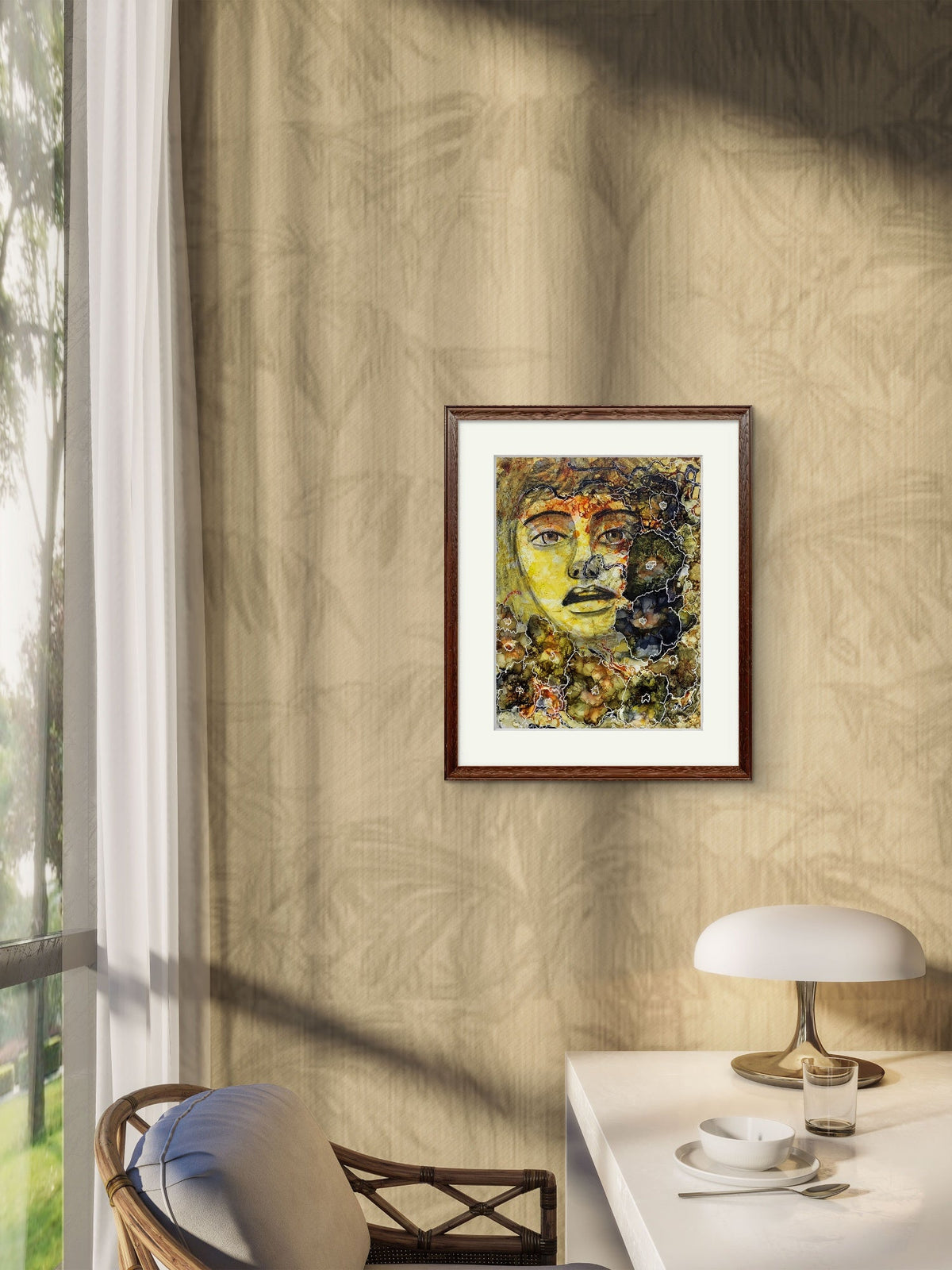 “Mixed-media portrait titled The Interwoven Connection showing a face merging with abstract botanical and textured forms, outlined with white organic lines in earthy brown, green, yellow, and black, framed view.”