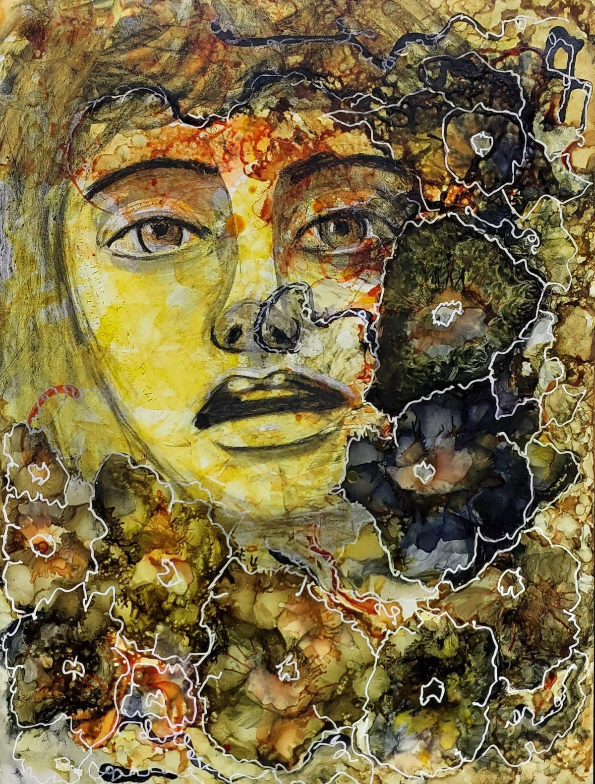 “Mixed-media portrait titled The Interwoven Connection showing a face merging with abstract botanical and textured forms, outlined with white organic lines in earthy brown, green, yellow, and black.”