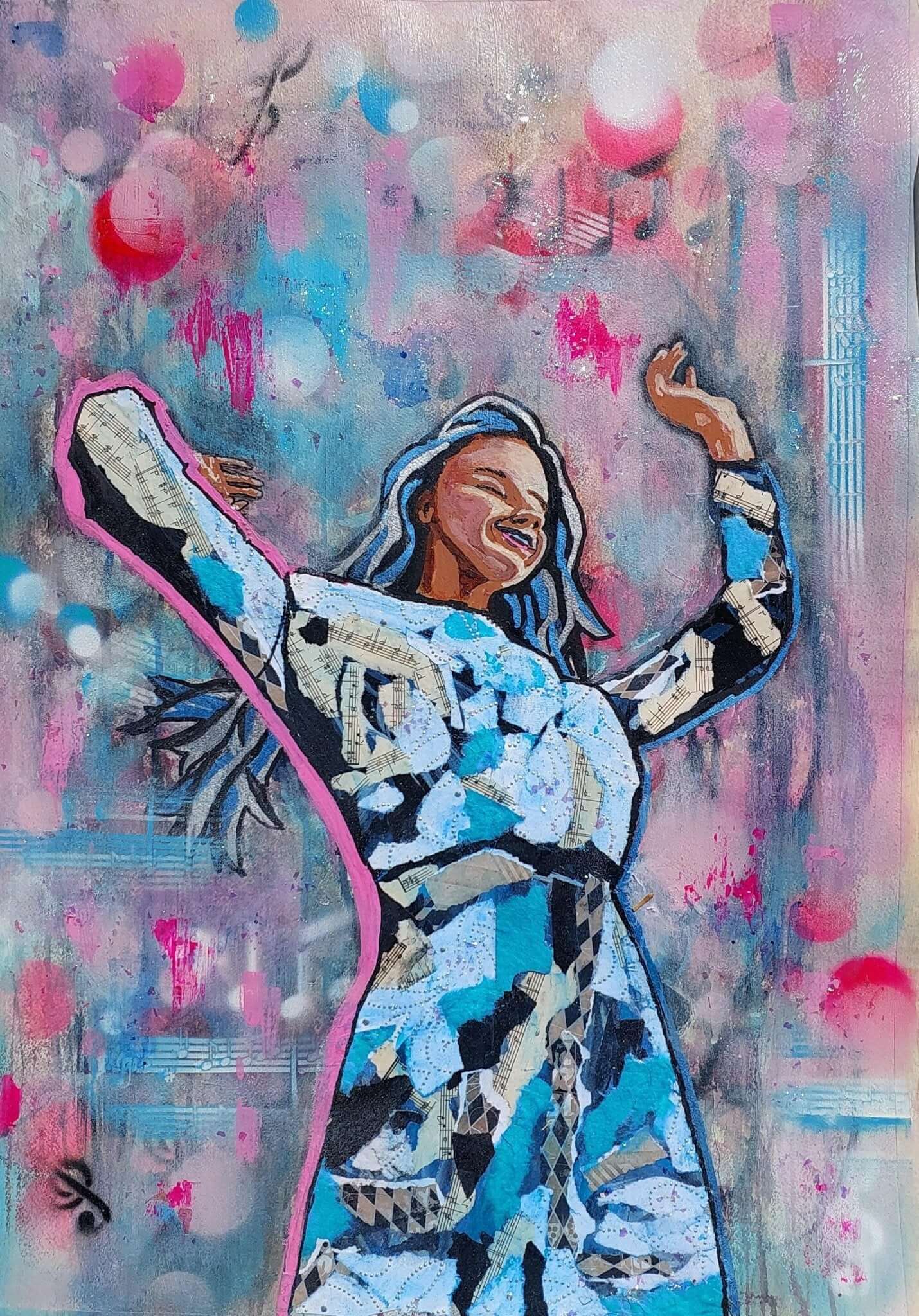 Joy in motion - Trudie Averett Art Vibrant artwork titled 'Joy in Motion,' showcasing dynamic, flowing colors and abstract shapes that convey a sense of energy, movement, and celebration.