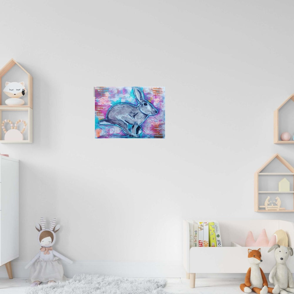 "Stylized painting of a rabbit outlined in blue, set against a vibrant, patterned background with pink, blue, and orange hues."