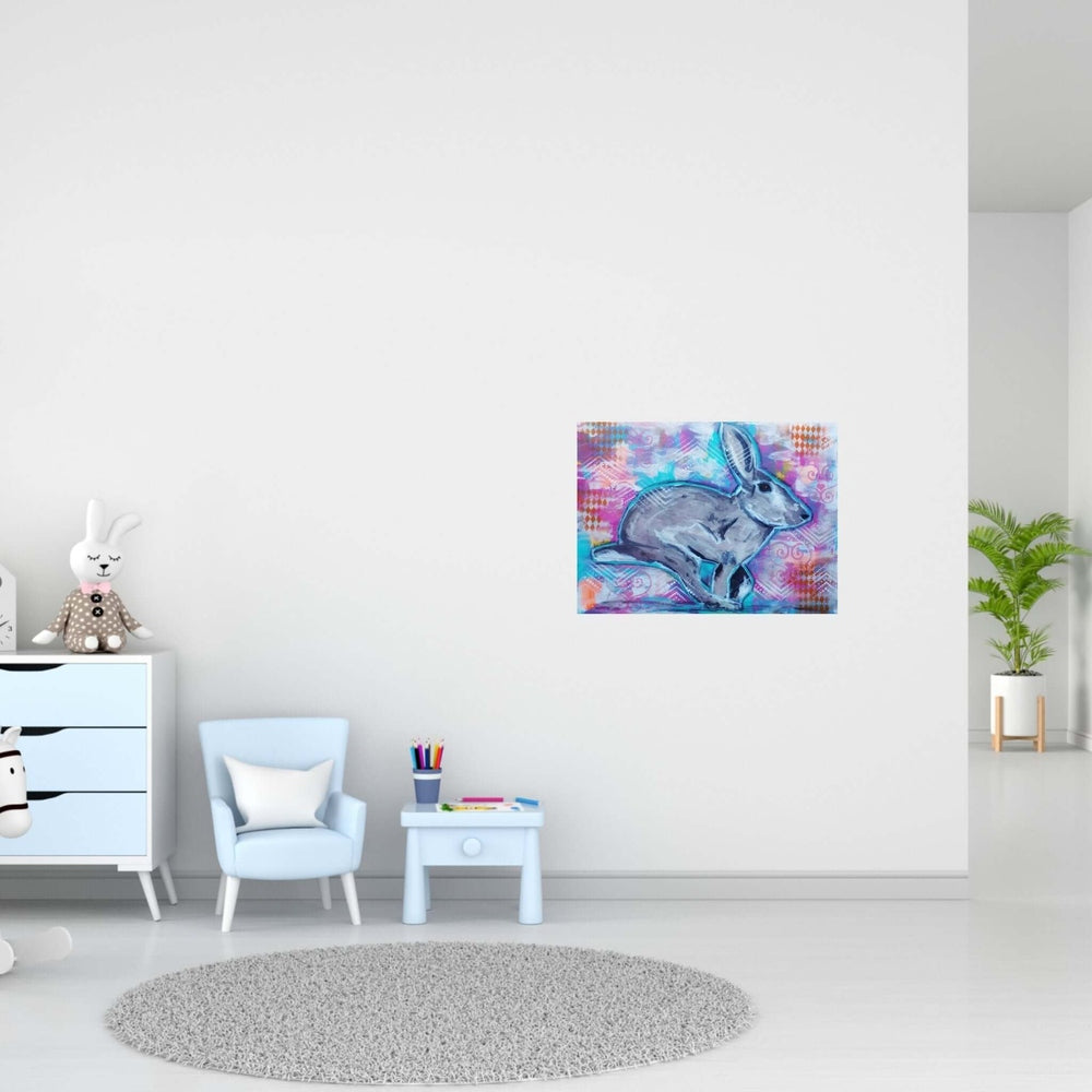 "Stylized painting of a rabbit outlined in blue, set against a vibrant, patterned background with pink, blue, and orange hues."