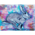 "Stylized painting of a rabbit outlined in blue, set against a vibrant, patterned background with pink, blue, and orange hues."