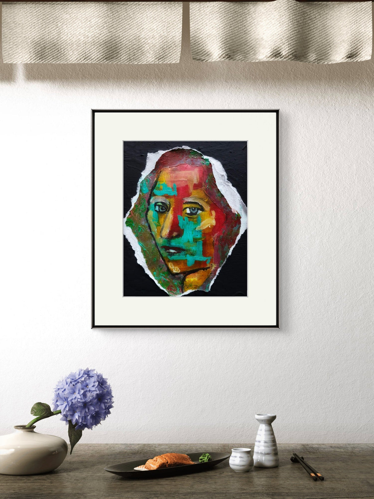 Textured portrait titled Patchwork Reflections showing a face composed of layered red, orange, yellow, turquoise, and green brushstrokes against a black background, framed view.