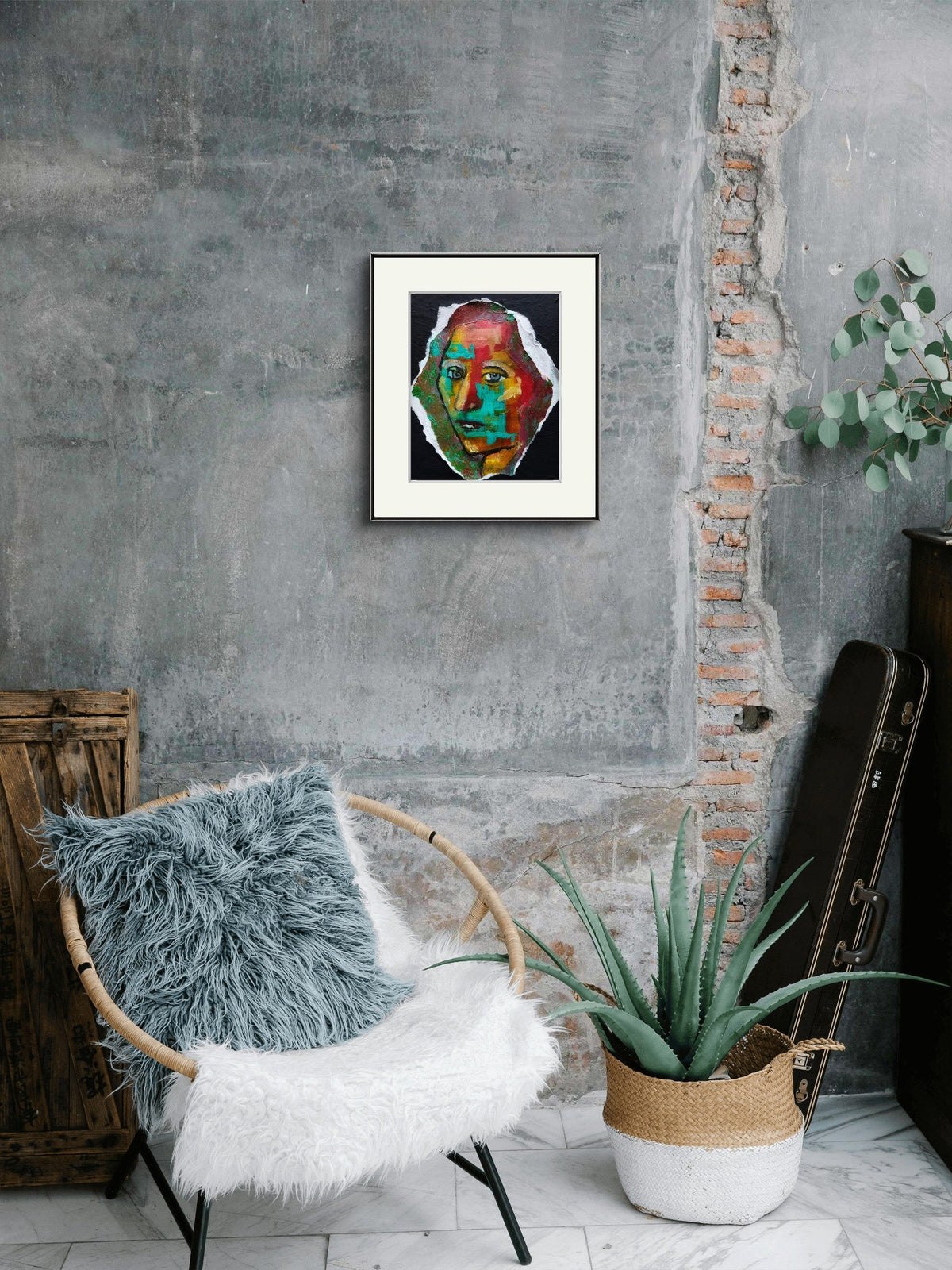 Textured portrait titled Patchwork Reflections showing a face composed of layered red, orange, yellow, turquoise, and green brushstrokes against a black background, framed view.