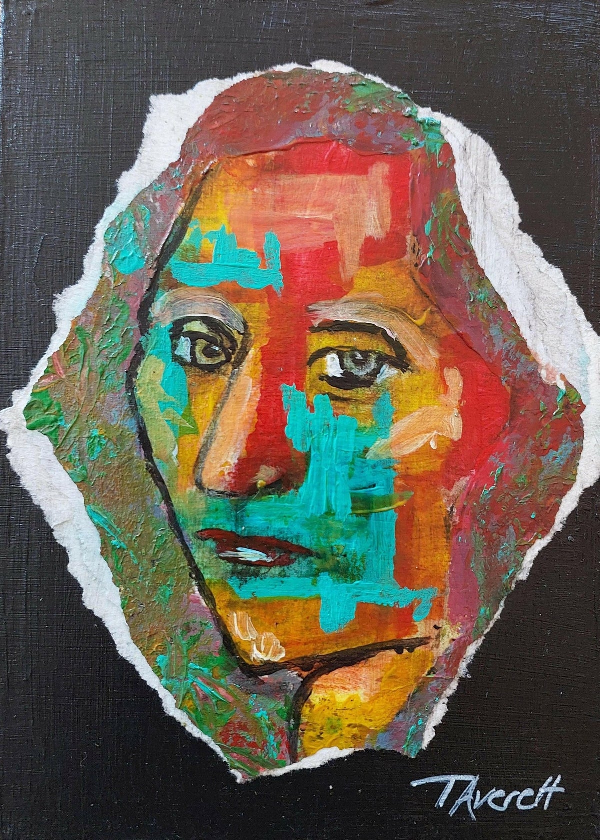 Textured portrait titled Patchwork Reflections showing a face composed of layered red, orange, yellow, turquoise, and green brushstrokes against a black background.
