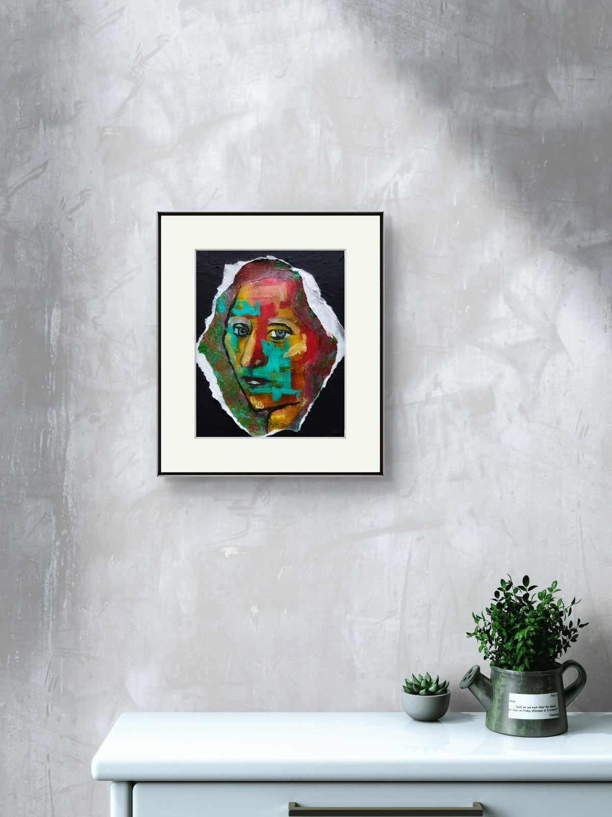 Textured portrait titled Patchwork Reflections showing a face composed of layered red, orange, yellow, turquoise, and green brushstrokes against a black background, framed view.