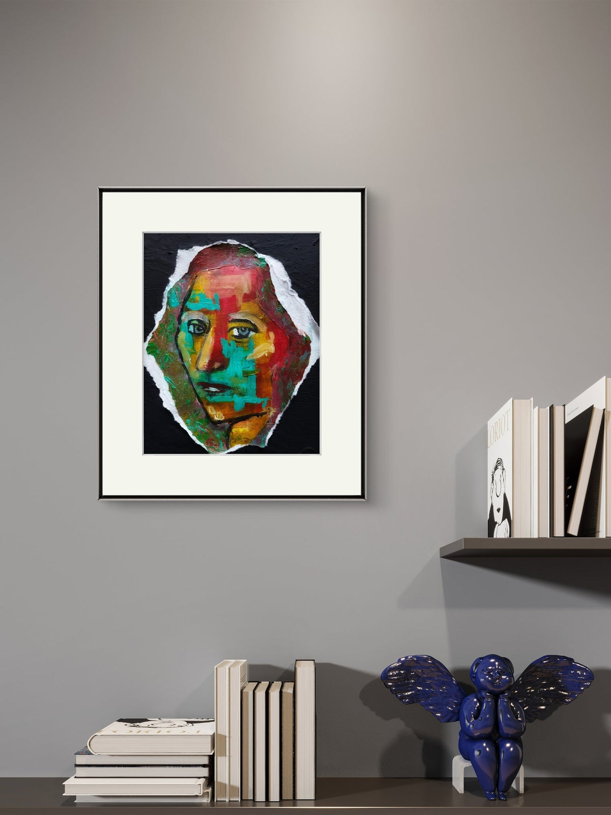 Textured portrait titled Patchwork Reflections showing a face composed of layered red, orange, yellow, turquoise, and green brushstrokes against a black background, framed view.