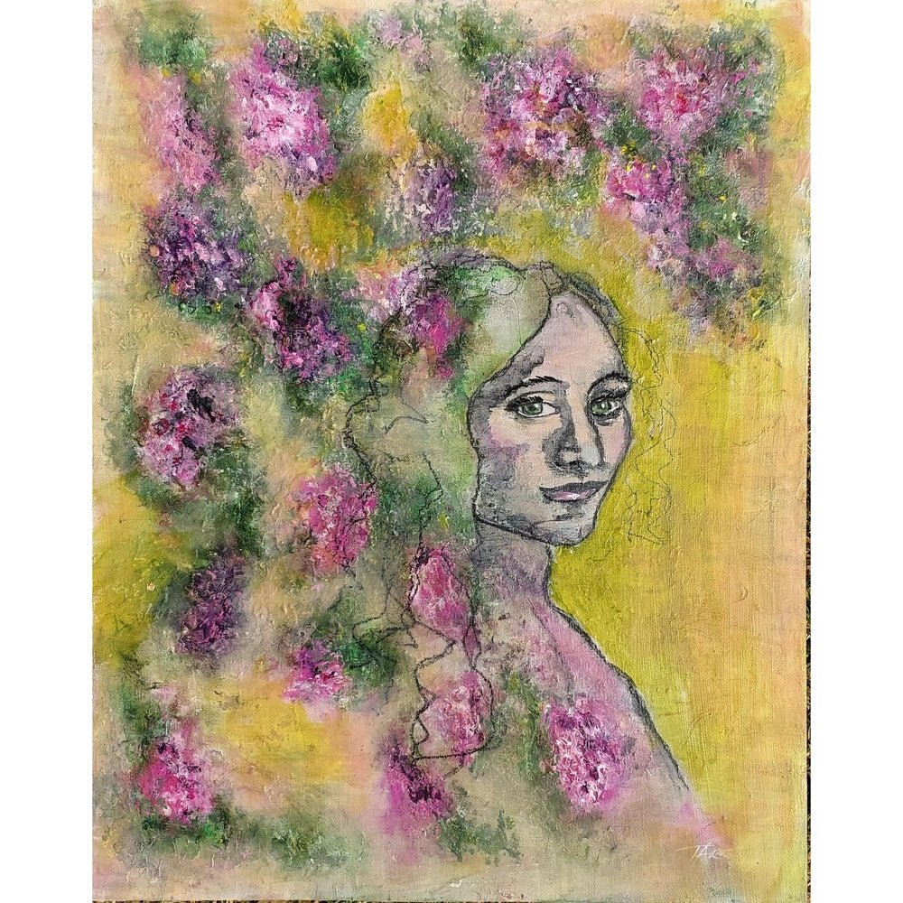 “Painterly portrait titled Petals of Thought showing a woman with light hair surrounded by pink and purple blossoms, green foliage, and a warm yellow background.”

