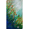 A vibrant abstract painting of wildflowers with bright reds, oranges, and whites against a background transitioning from deep blue to soft green. A large circular light source in the top right casts rays across the dynamic, wind-swept scene.

Trudie Averett Art - Potchefstroom 