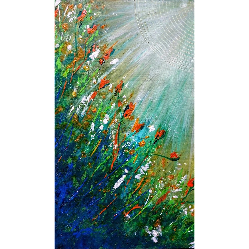 A vibrant abstract painting of wildflowers with bright reds, oranges, and whites against a background transitioning from deep blue to soft green. A large circular light source in the top right casts rays across the dynamic, wind-swept scene.

Trudie Averett Art - Potchefstroom 
