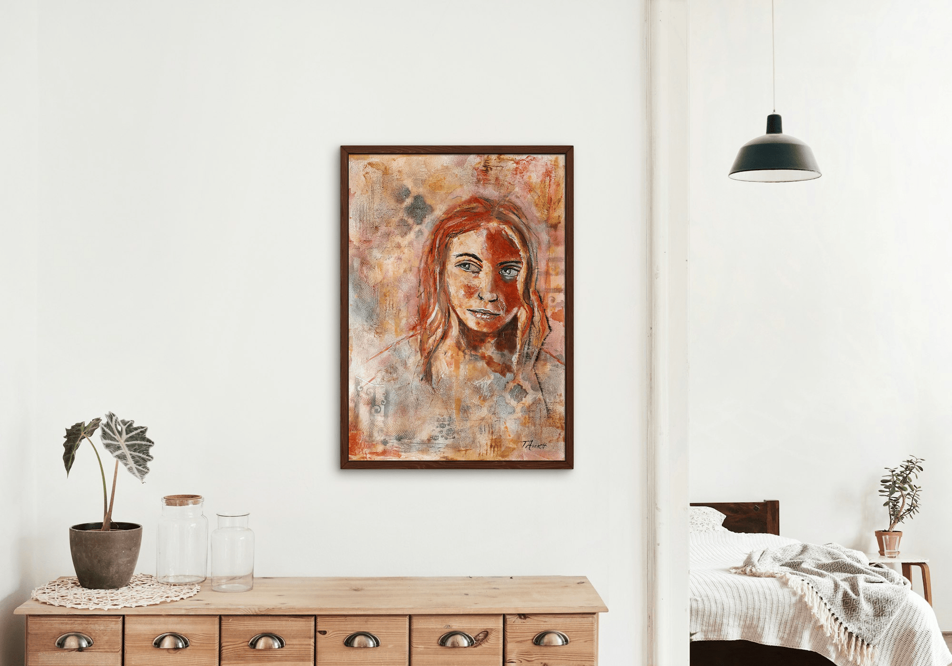 "Textured portrait of a woman with red hair and blue eyes, set against a warm, abstract background with earthy tones."