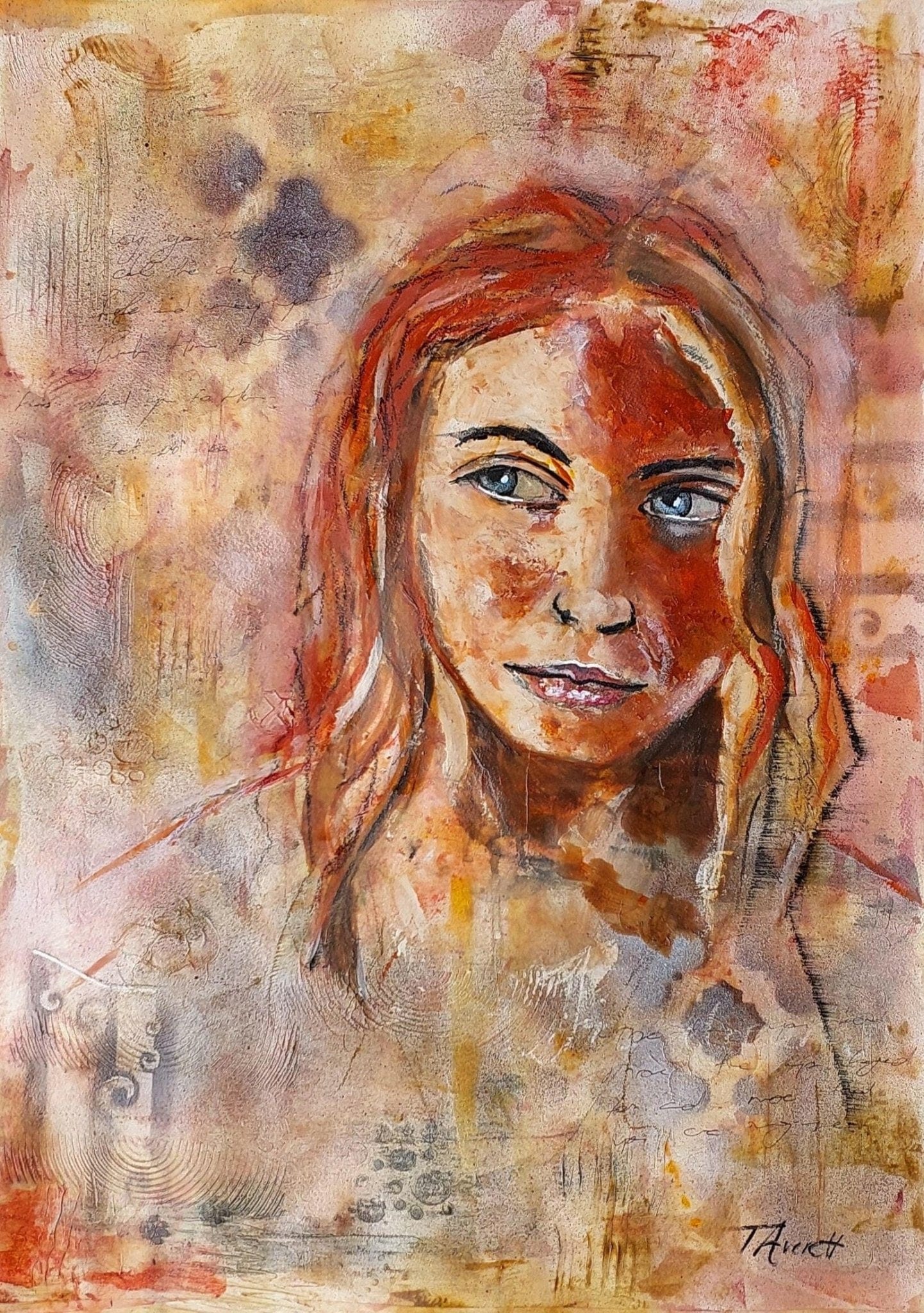 "Textured portrait of a woman with red hair and blue eyes, set against a warm, abstract background with earthy tones."