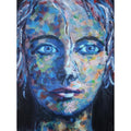 A vibrant, textured portrait featuring a woman's face composed of colorful brushstrokes, with expressive blue eyes and a captivating gaze. Trudie Averett

