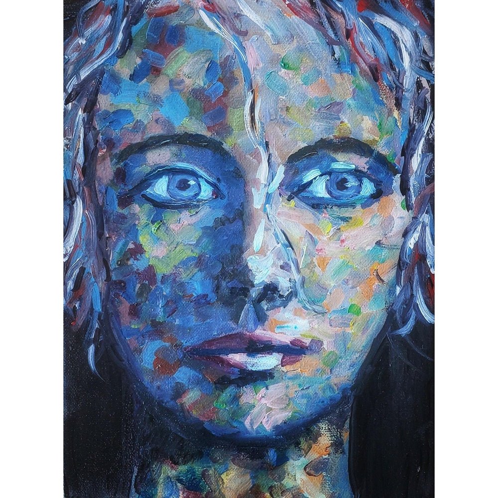 A vibrant, textured portrait featuring a woman's face composed of colorful brushstrokes, with expressive blue eyes and a captivating gaze. Trudie Averett

