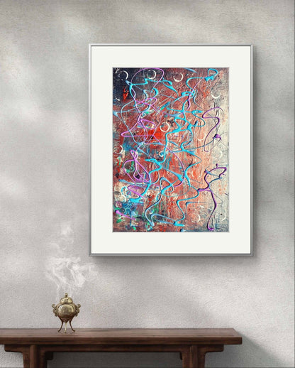 Rhythms in Motion - Trudie Averett Art Abstract artwork titled 'Rhythms in Motion,' featuring flowing, interwoven lines and vibrant colors that convey a sense of harmony, energy, and movement.