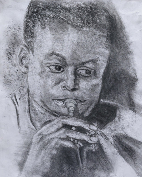 A monochrome charcoal or pencil portrait drawing of a person holding a small flute-like instrument to their mouth, rendered in grayscale on a textured paper background.