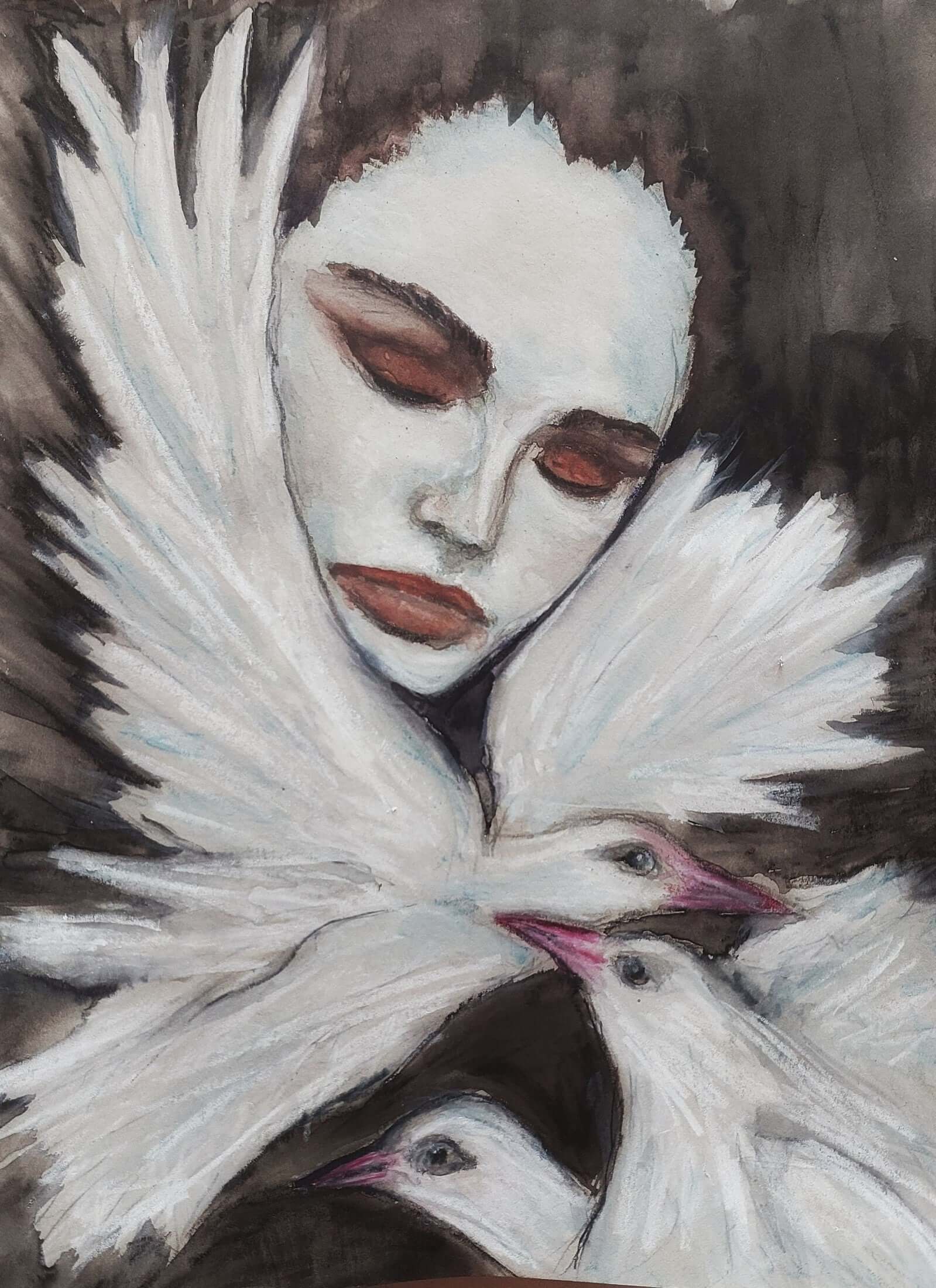 A dreamlike painting of a woman with closed eyes and pale skin, surrounded by white doves. Her expression is peaceful, with soft red lips and eyelids that match her muted tones. The doves’ wings are spread in protective, graceful arcs around her, blending into the dark, moody background. The contrast between the woman's serene face and the lively movement of the doves creates a sense of quiet harmony and delicate beauty.

