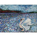 The image shows an impressionistic painting of a swan gliding across a colorful, reflective lake. The water is depicted with dappled strokes of blues, purples, pinks, and oranges, creating a vibrant and textured surface. The swan's reflection is visible in the water, and the serene landscape in the background includes trees and a cloudy sky in soft blue and green tones. The overall atmosphere is peaceful and dreamy, with the soft brushstrokes adding to the calmness of the scene.

