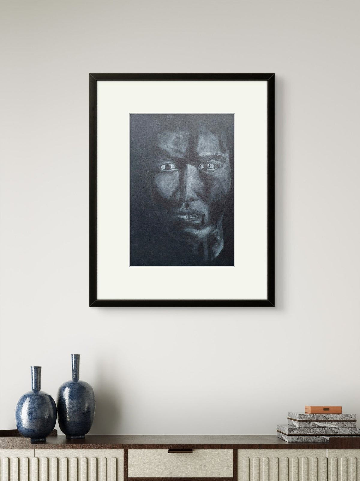Original charcoal portrait drawing with dramatic light and shadow by South African artist Trudie Averett