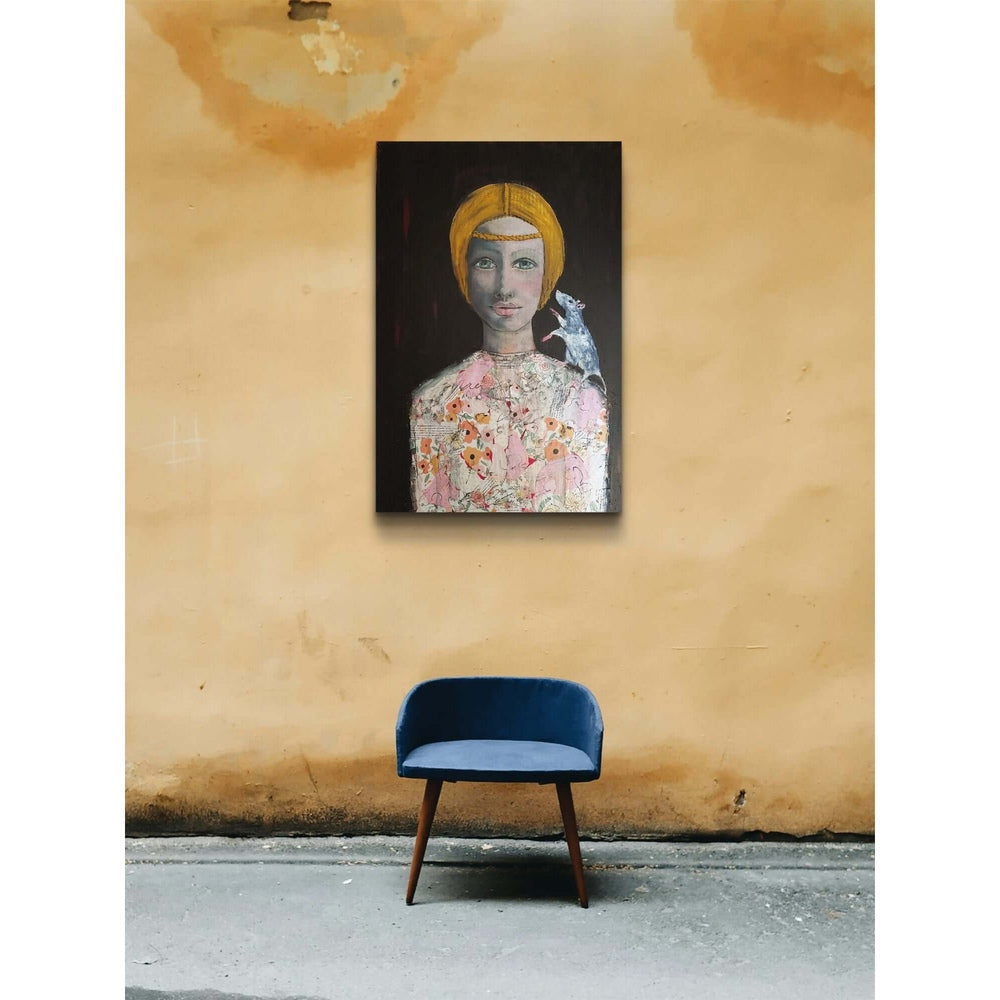 The artwork depicts a stylized female figure with green eyes and a yellow headpiece, wearing a floral-patterned garment. A small white mouse sits on her shoulder, adding a subtle narrative element. The dark background contrasts with the soft colors, highl
