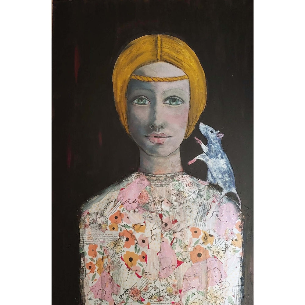 The artwork depicts a stylized female figure with green eyes and a yellow headpiece, wearing a floral-patterned garment. A small white mouse sits on her shoulder, adding a subtle narrative element. The dark background contrasts with the soft colors, highlighting the figure's calm and introspective expression.

