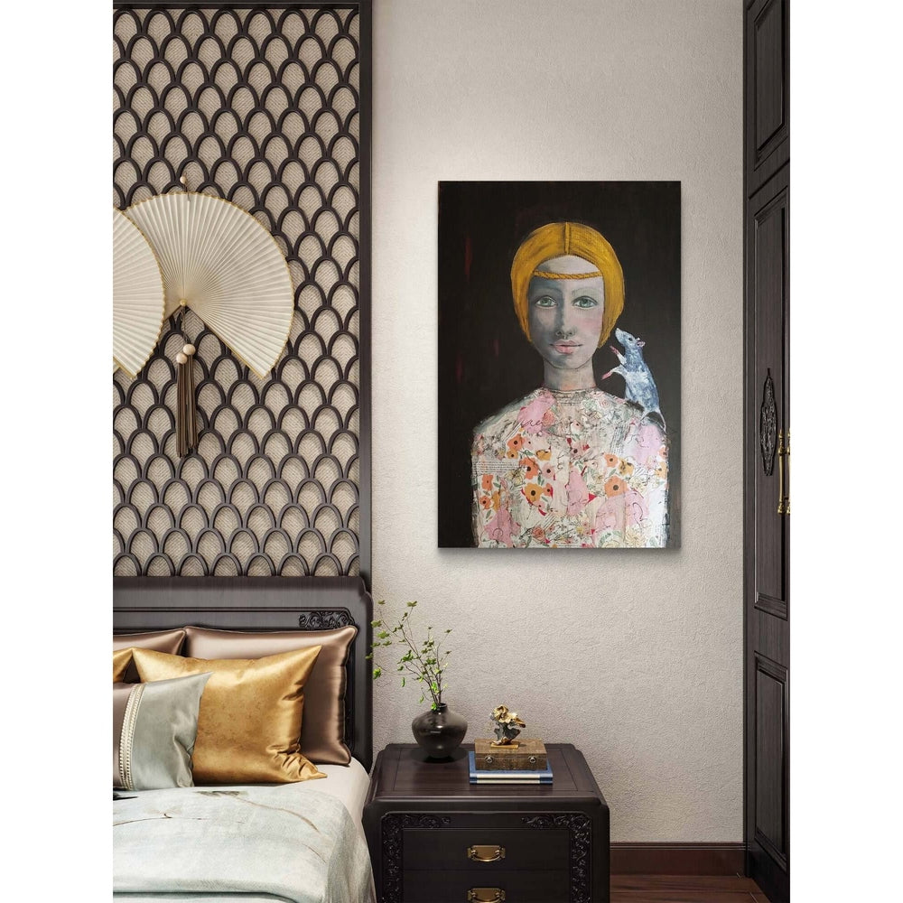 The artwork depicts a stylized female figure with green eyes and a yellow headpiece, wearing a floral-patterned garment. A small white mouse sits on her shoulder, adding a subtle narrative element. The dark background contrasts with the soft colors, highl