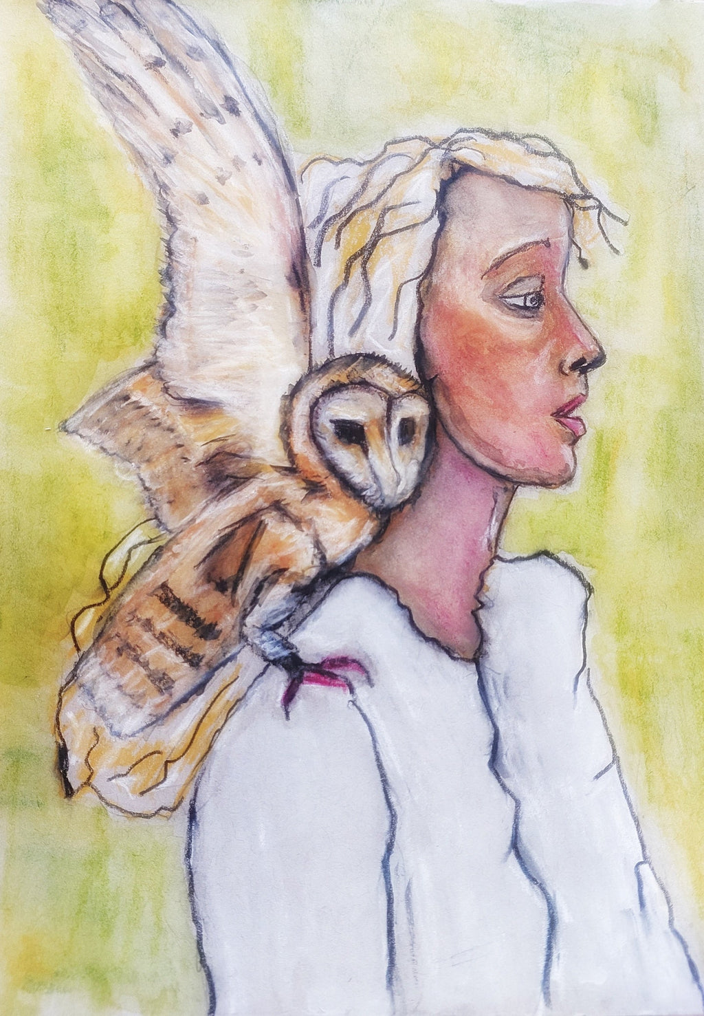 A portrait of a woman in profile with light skin and blonde hair, accompanied by a barn owl perched on her shoulder. The owl’s wings are slightly extended, adding movement to the composition. The woman wears a white garment, and her expression is calm and reflective. The background is a soft, warm yellow, giving the piece a tranquil, natural atmosphere. The interaction between the woman and the owl evokes a sense of connection with nature and wisdom.

