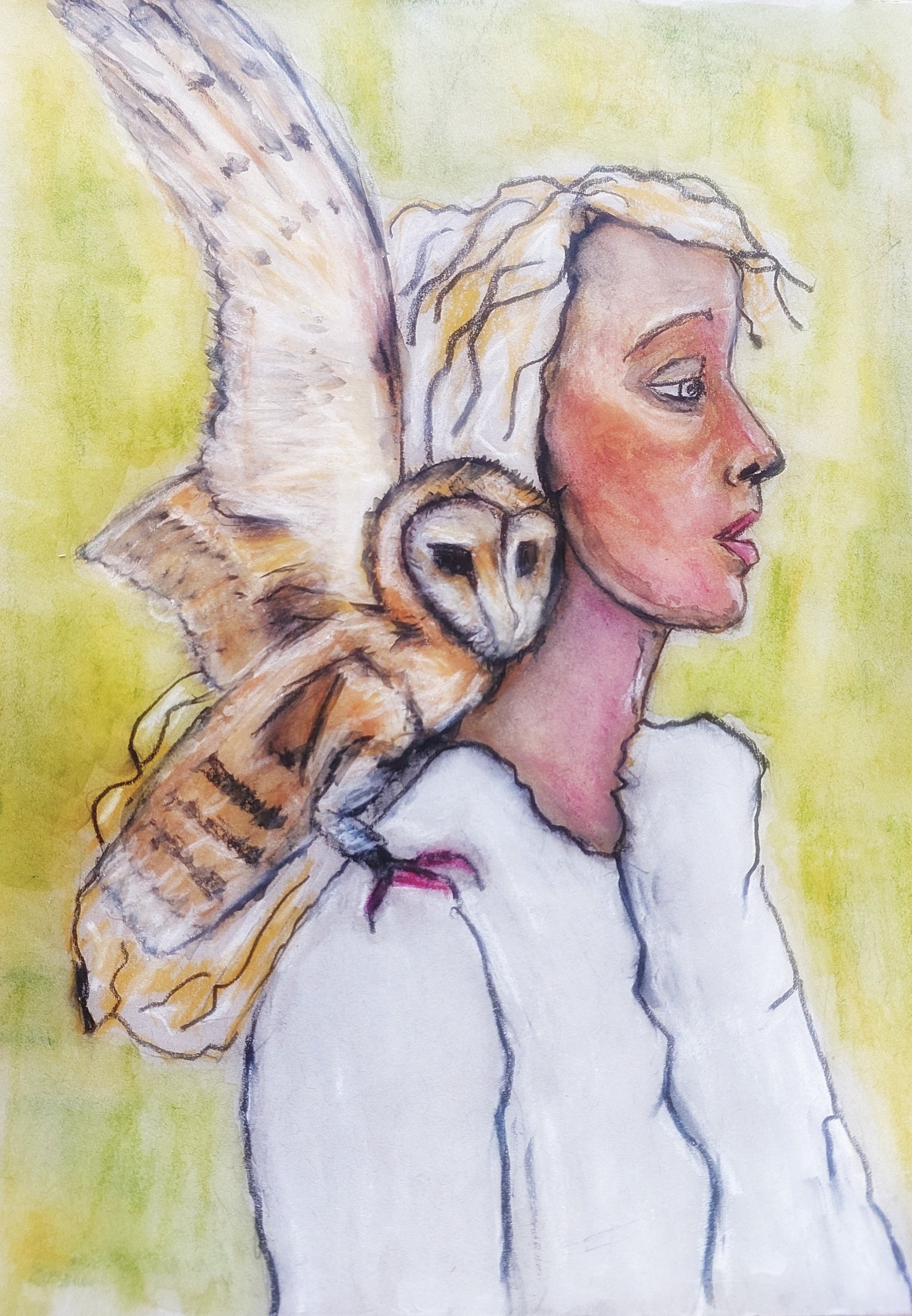 A portrait of a woman in profile with light skin and blonde hair, accompanied by a barn owl perched on her shoulder. The owl’s wings are slightly extended, adding movement to the composition. The woman wears a white garment, and her expression is calm and reflective. The background is a soft, warm yellow, giving the piece a tranquil, natural atmosphere. The interaction between the woman and the owl evokes a sense of connection with nature and wisdom.

