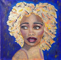 A vibrant portrait of a woman with expressive eyes and textured blonde hair against a deep blue background. Trudie Averett Art - Potchefstroom.

